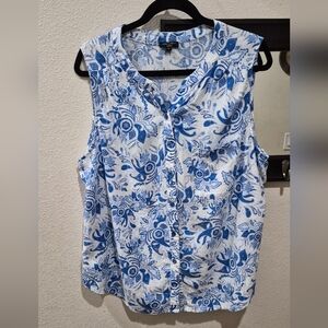 💙 Anne Carson Blue & White Paisley Linen Blend Top 1X  EUC